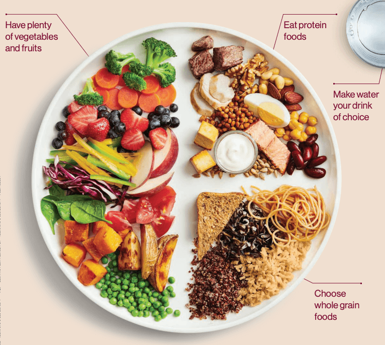 Plate divided with three different food groups. Each different food group has example foods that fall under that group. 