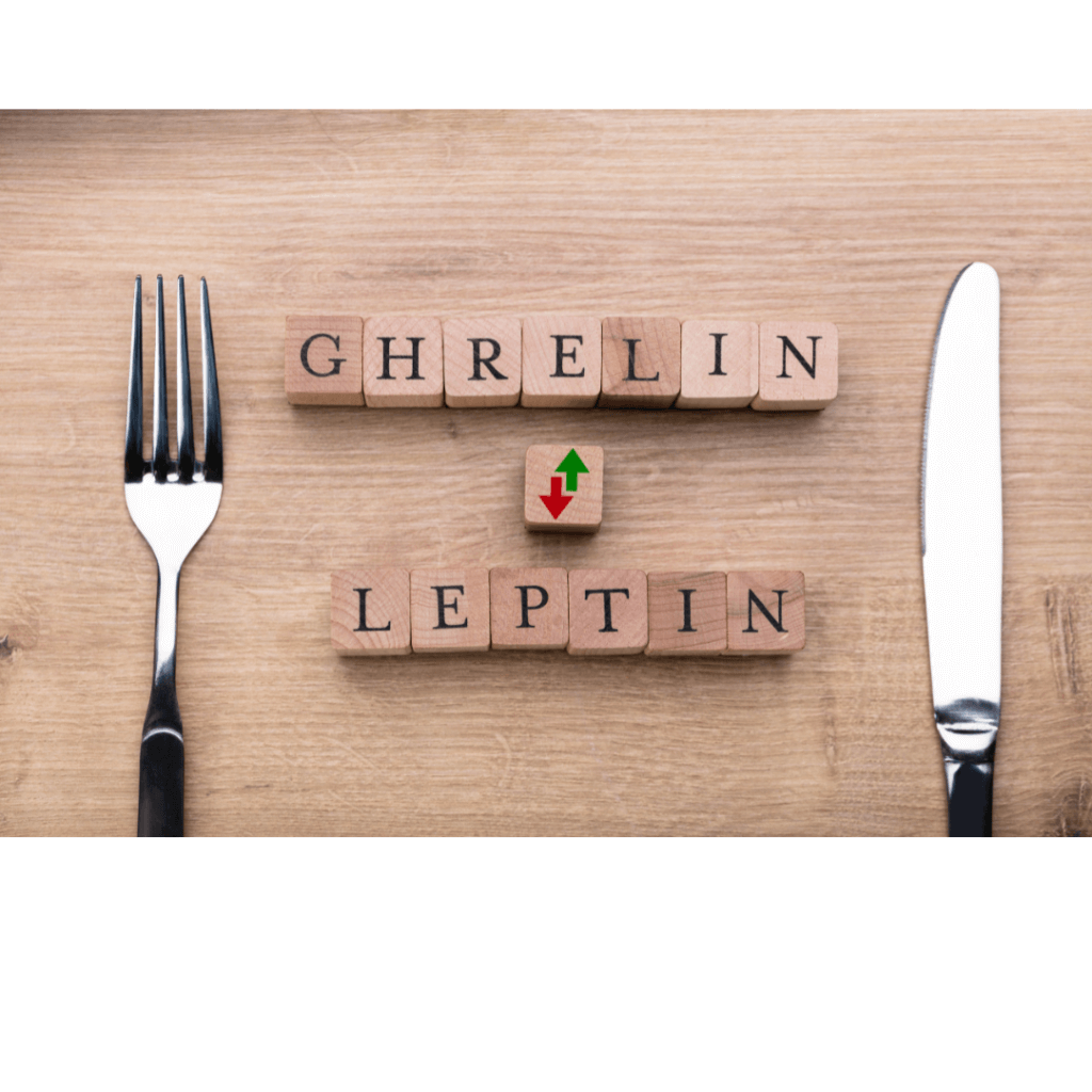 Fork and knife on table. In between fork and knife, scrabble pieces read ghrelin and leptin