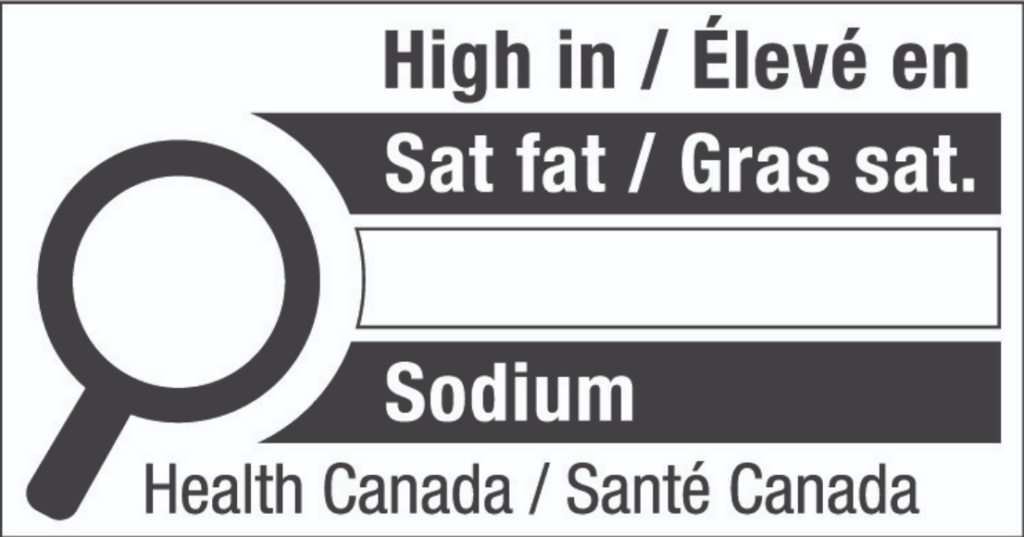 Example of new Front of Pack Labelling required by Health Canada on food products.