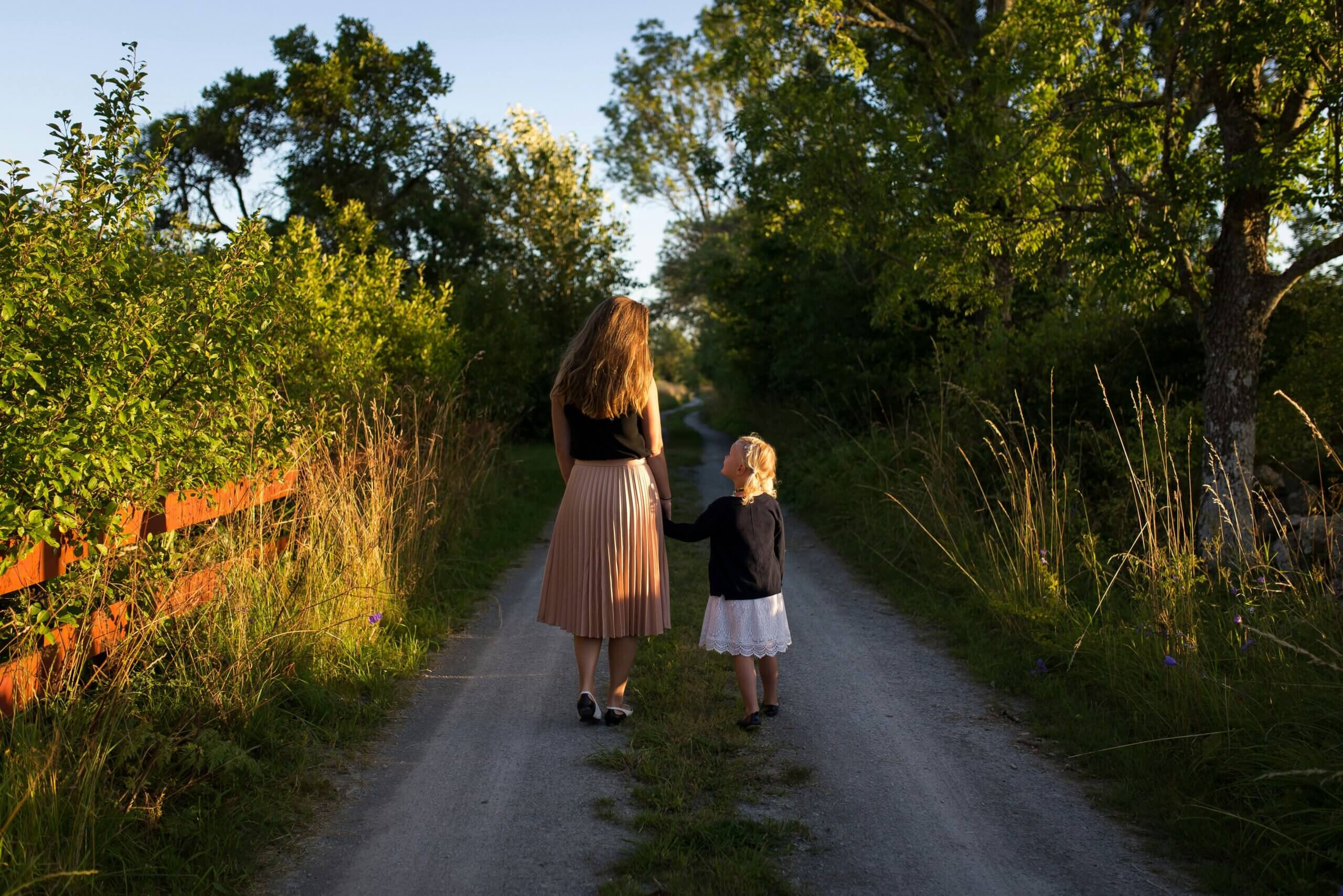 Parent and child holding hands and walking through a forest with their backs to the camera.